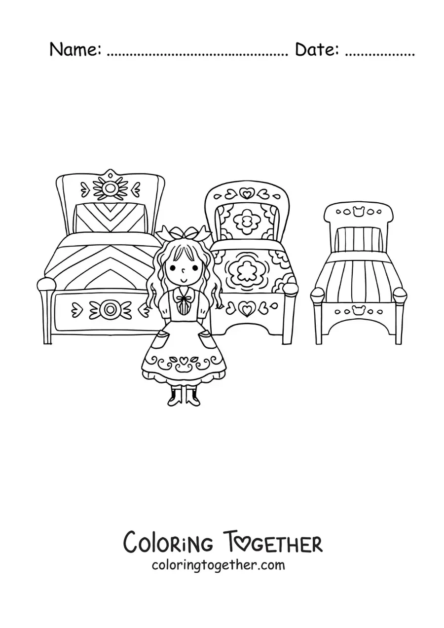 Coloring page of Goldilocks and the three bears' beds