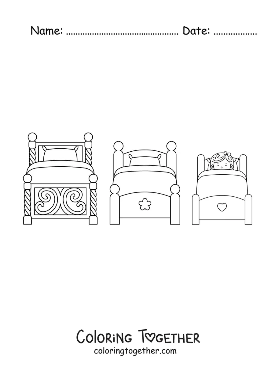 Coloring page of Goldilocks sleeping in the three bears' beds