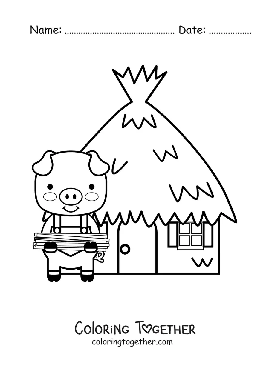 Coloring page of one of the three little pigs with his straw house