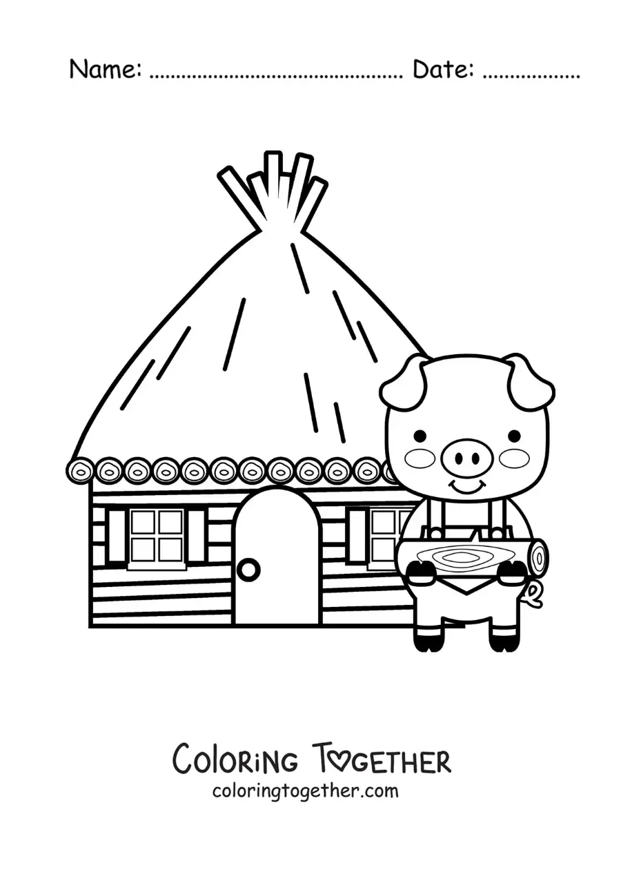 Coloring page of one of the three little pigs with his wooden house
