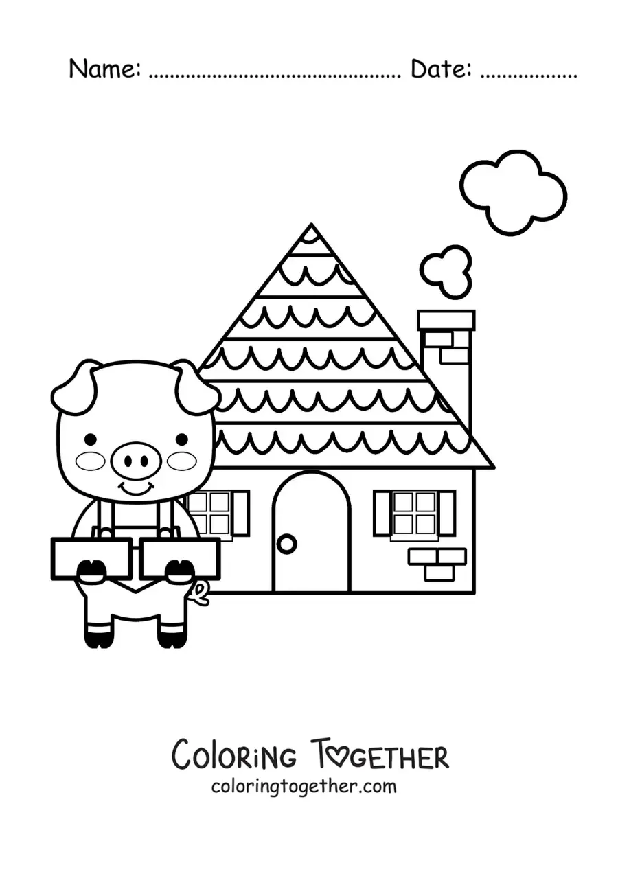 Coloring page of one of the three little pigs with his brick house