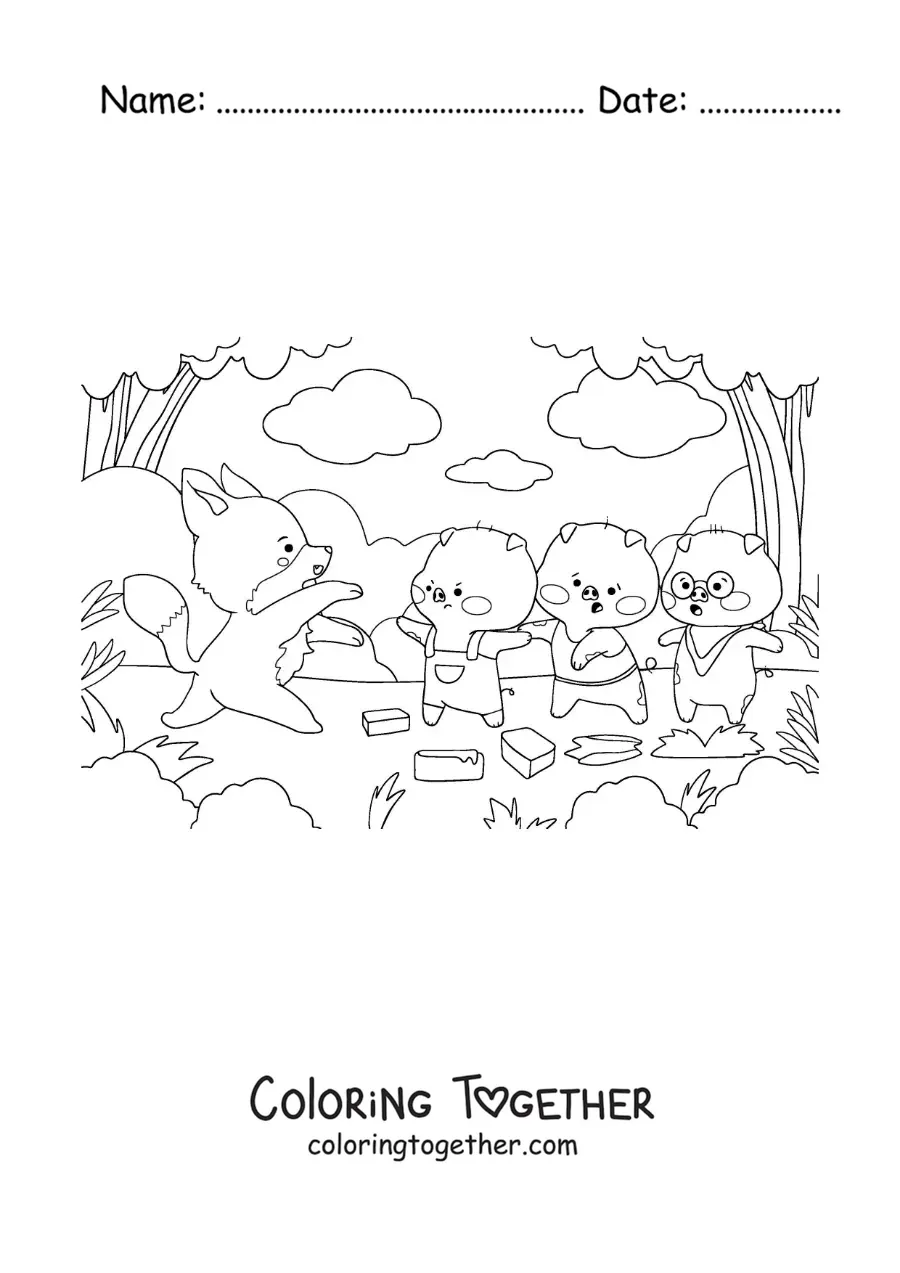 Coloring page of the three little pigs running away from the wolf