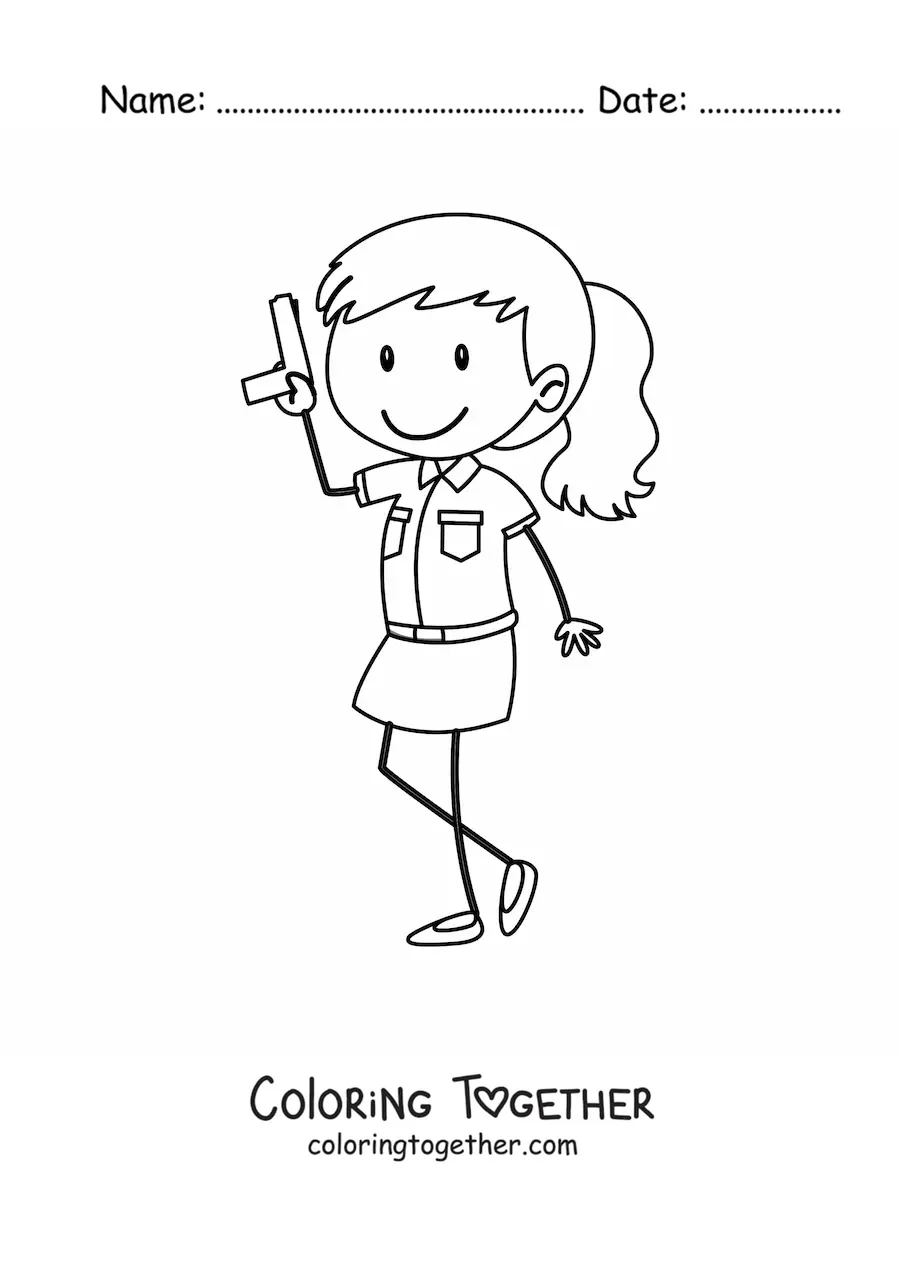 Coloring page of a cartoon armed female police officer