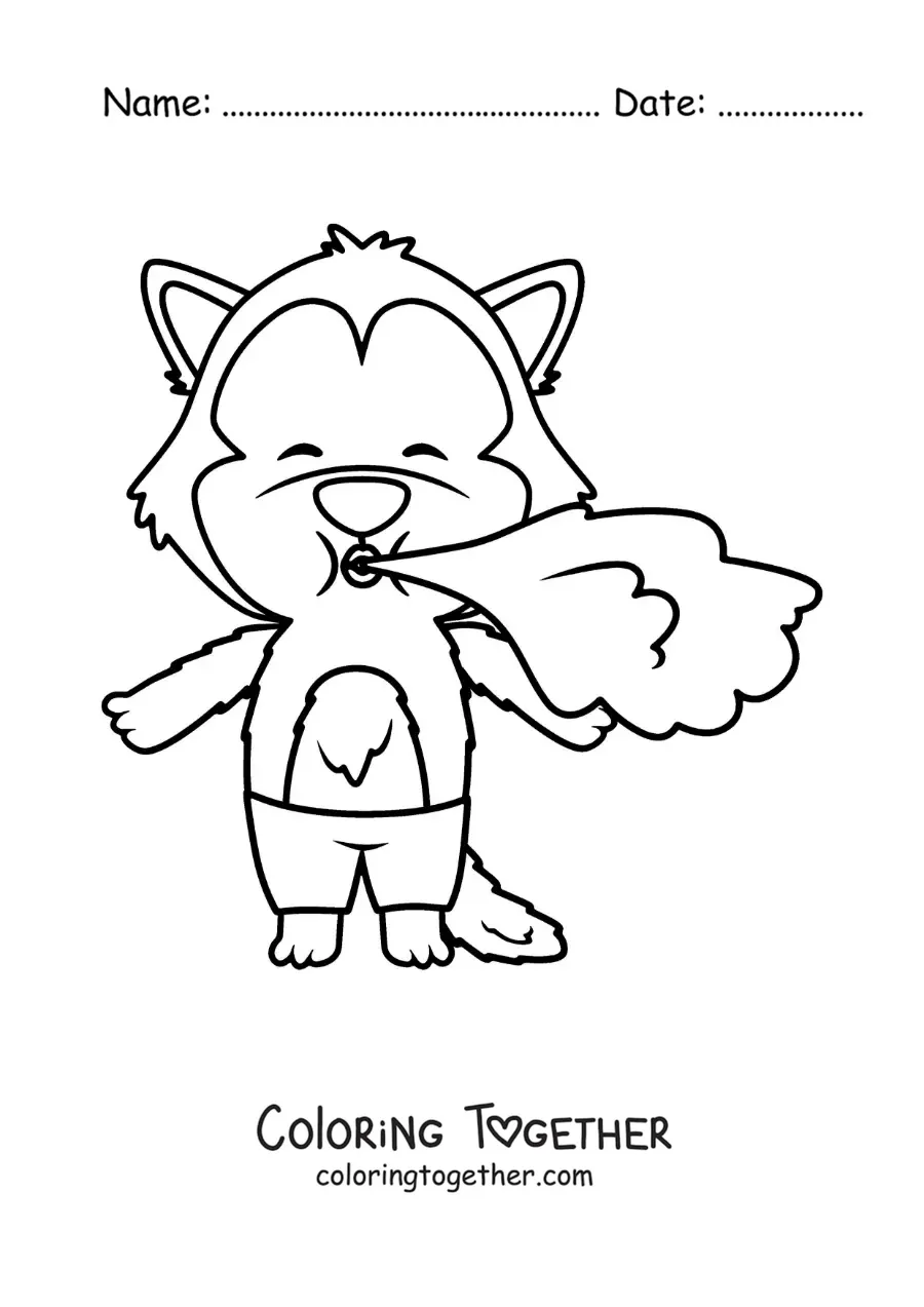 Coloring page of the big bad wolf blowing to knock down the pigs' houses