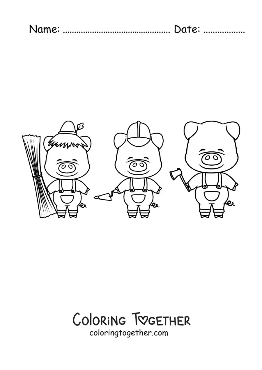 Coloring page of the three little pigs building their houses
