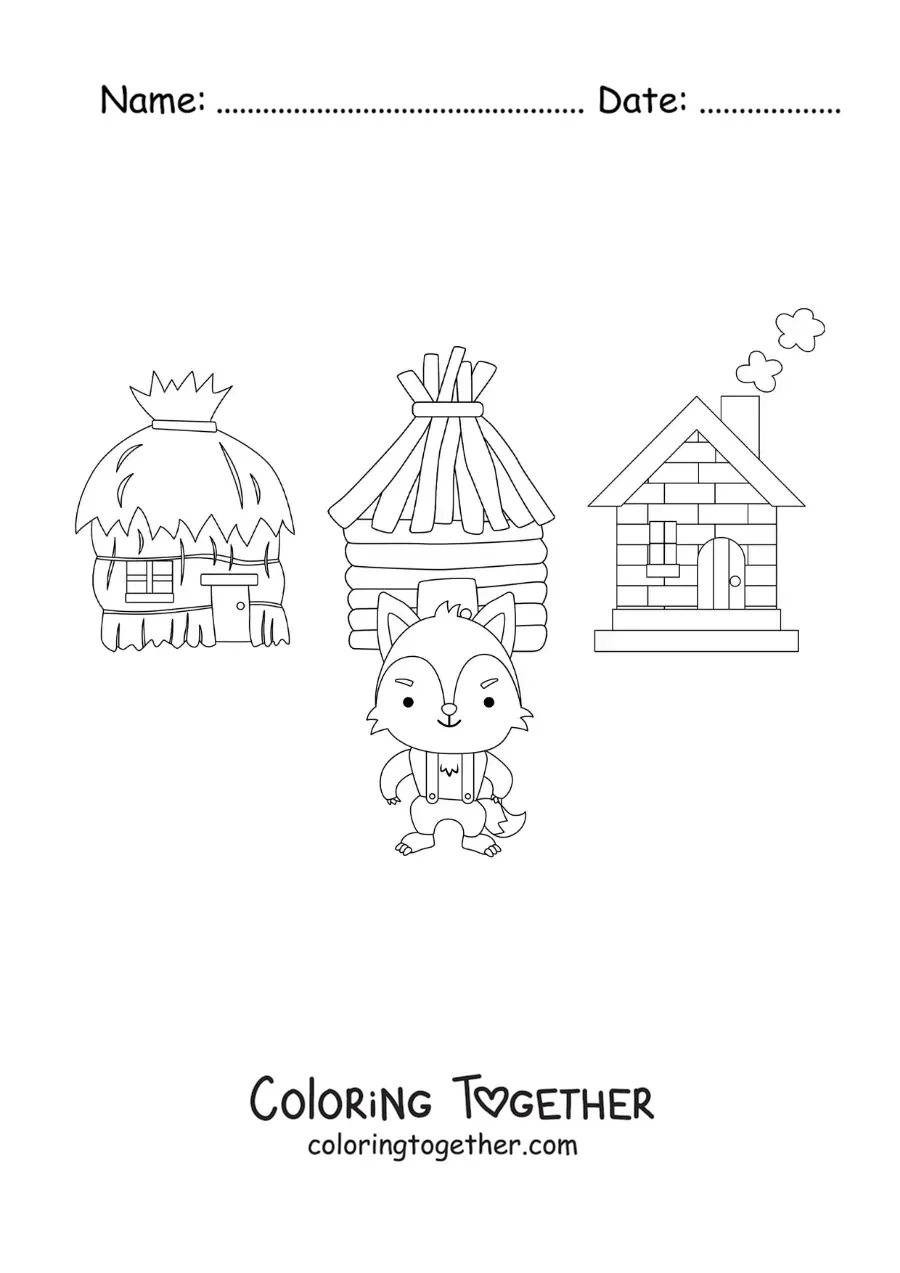 Coloring page of the big bad wolf knocking down the three little pigs' houses