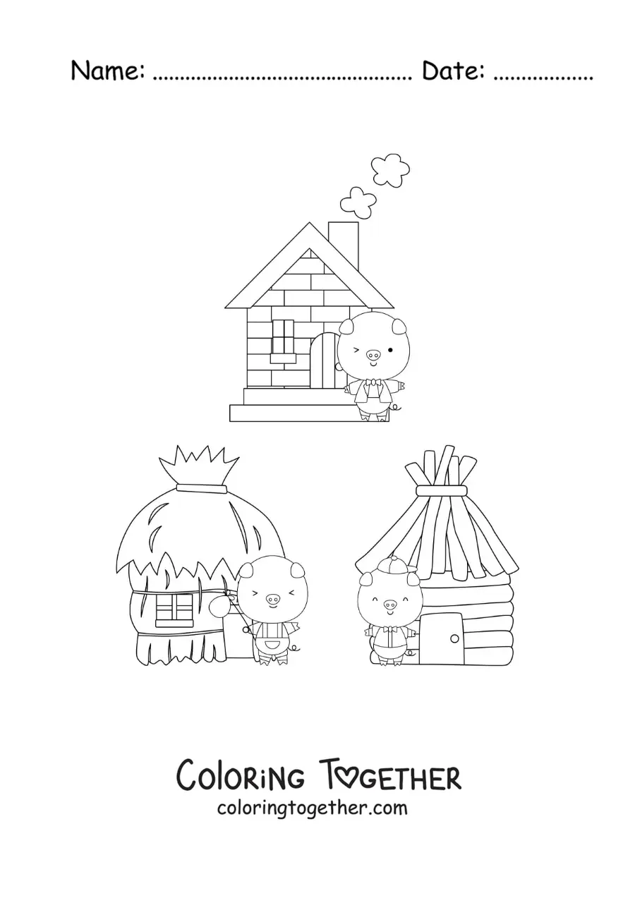 Coloring page of the three little pigs and their houses