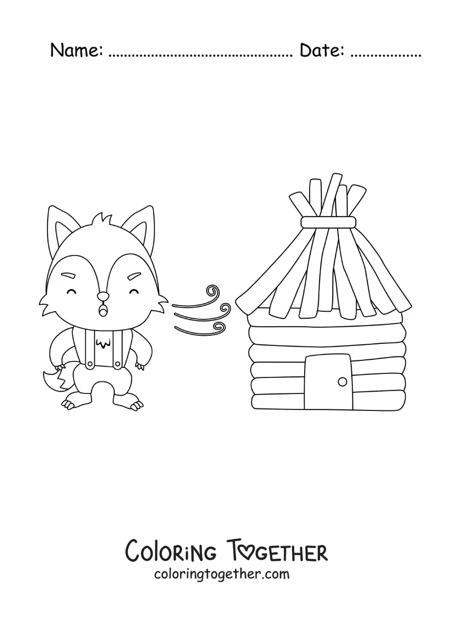 Coloring page of the big bad wolf blowing down the wooden house