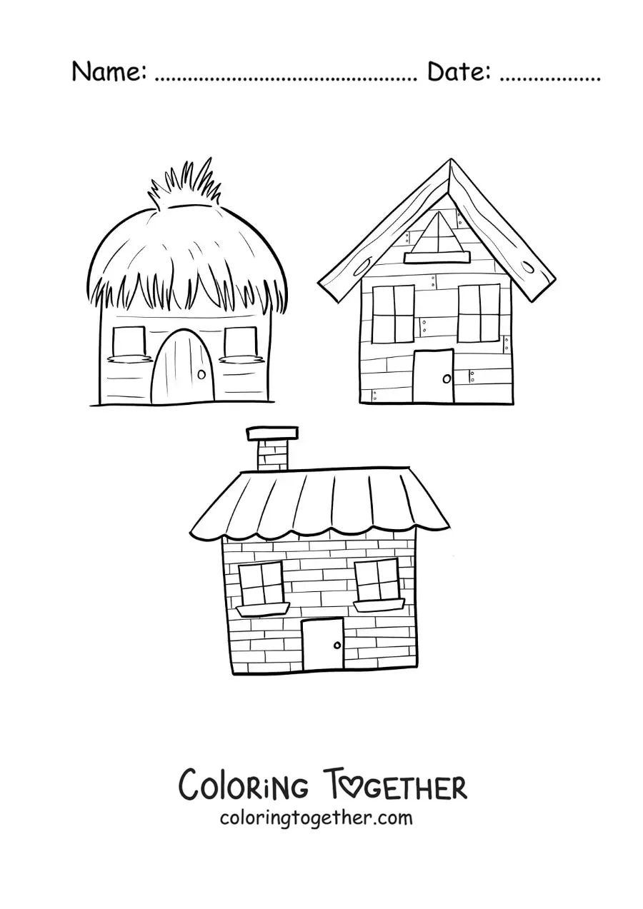 Coloring page of the three little pigs' houses