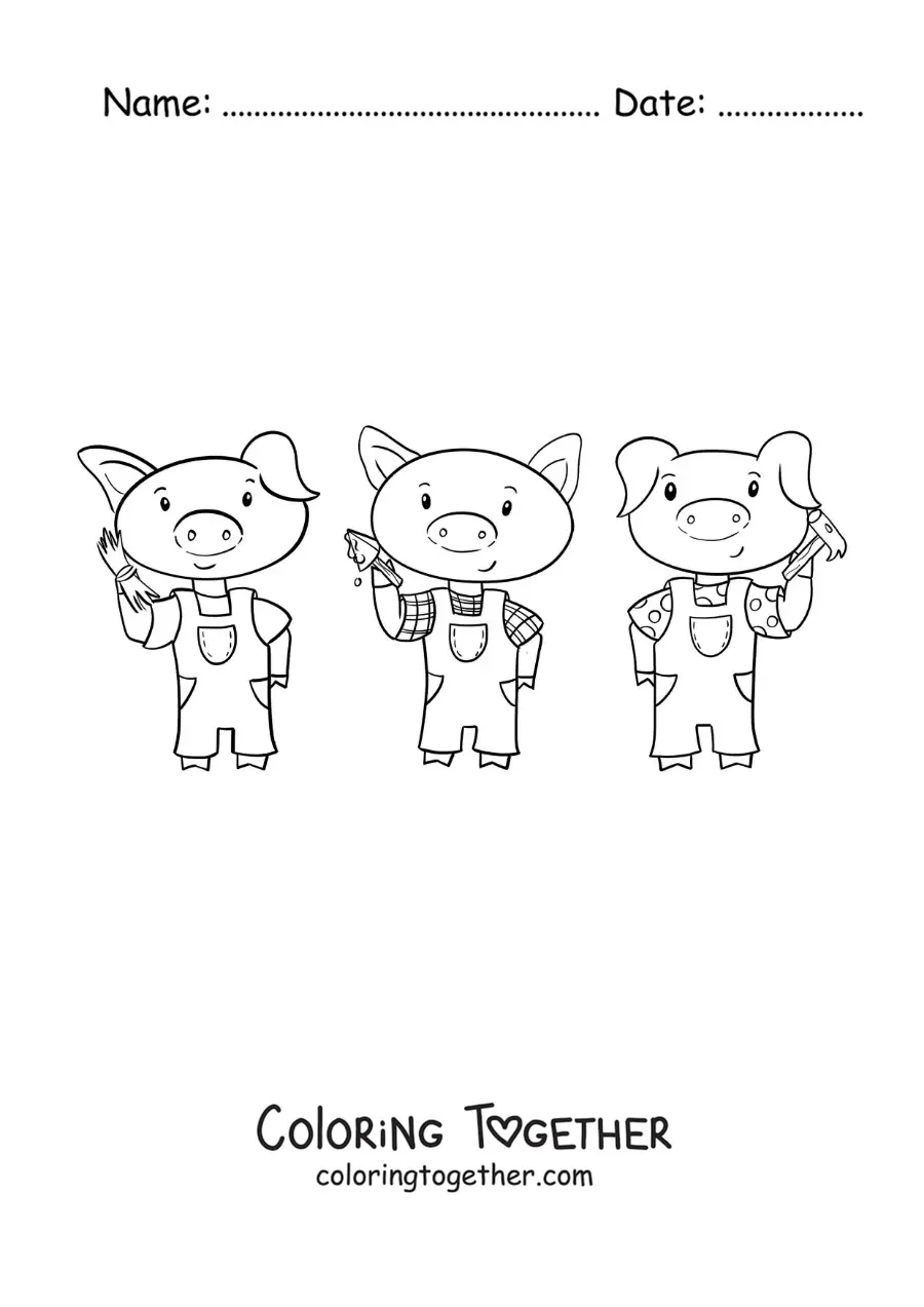 Coloring page of the three little pigs cartoon
