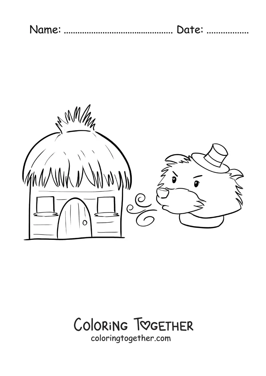 Coloring page of the big bad wolf blowing down the straw house