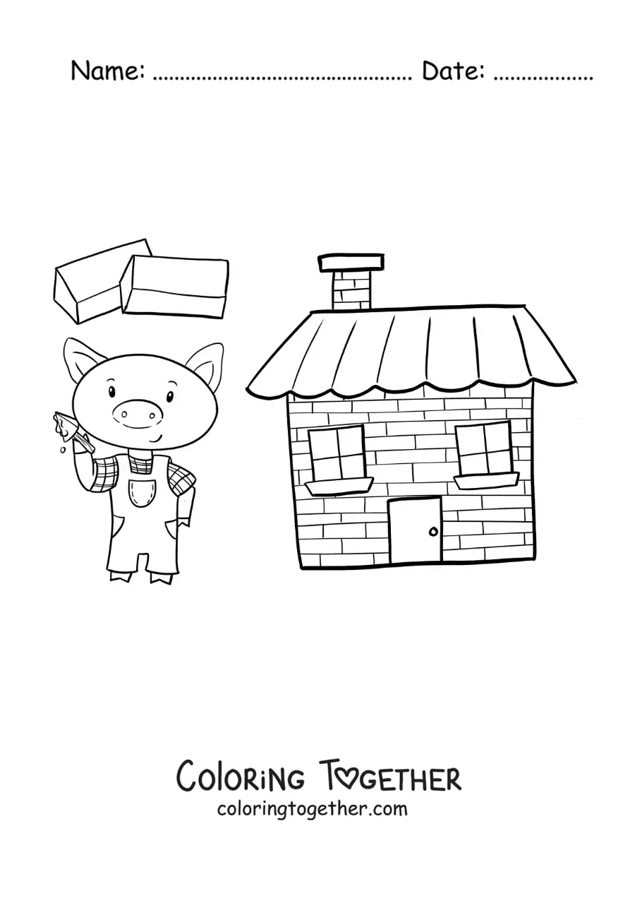 Coloring page of one of the three little pigs building his brick house