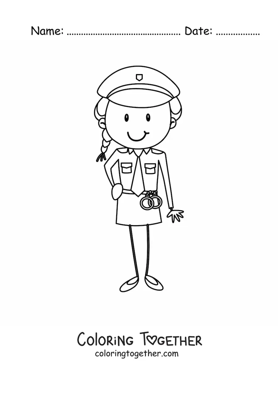 Coloring page of a cartoon female police officer with a pair of handcuffs