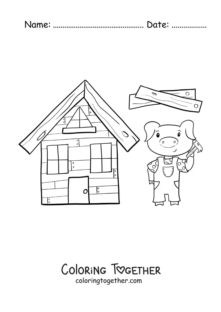 Coloring page of one of the three little pigs building his wooden house