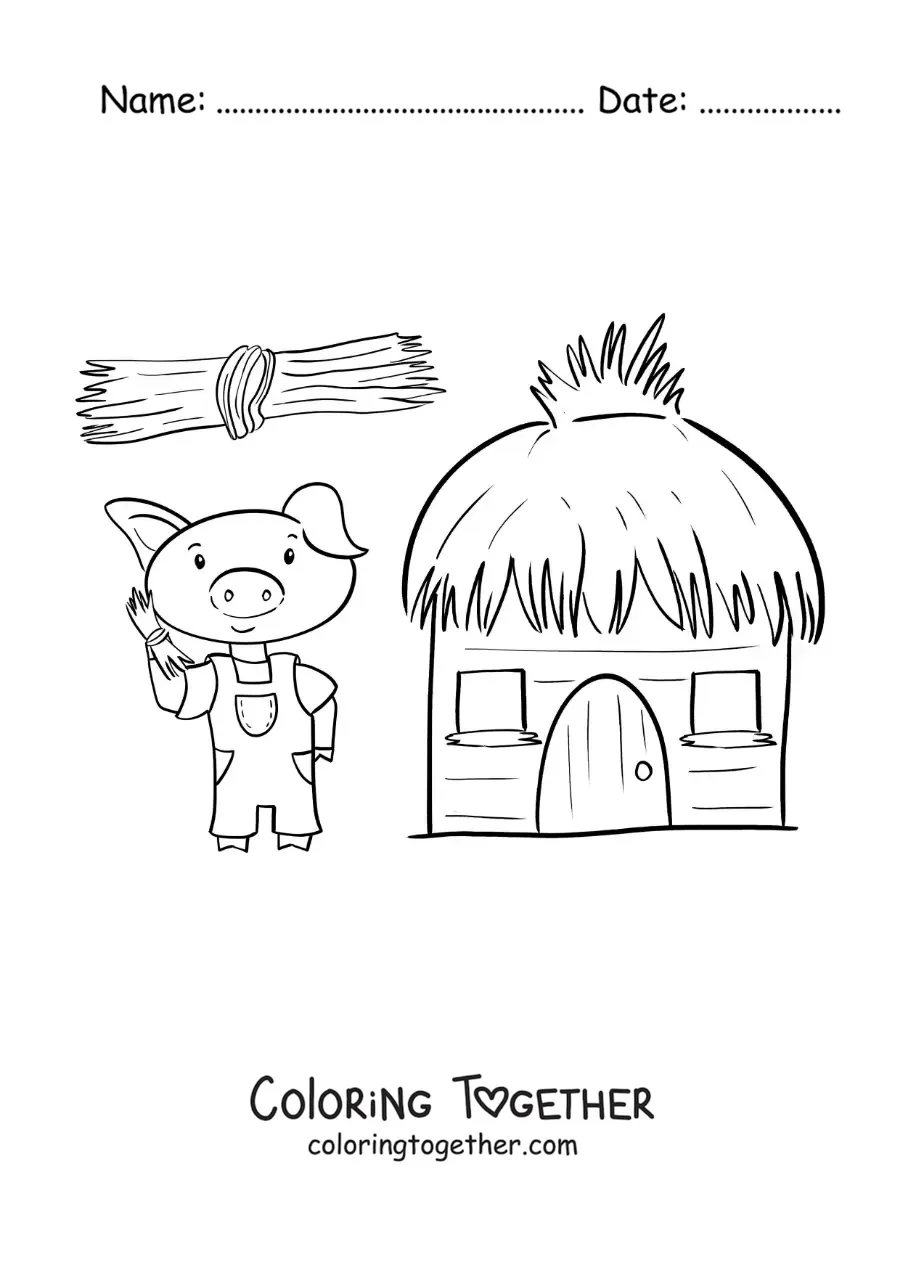 Coloring page of one of the three little pigs building his straw house