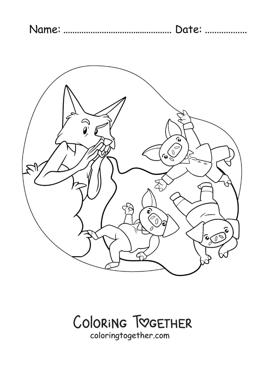 Coloring page of the big bad wolf blowing at the three little pigs
