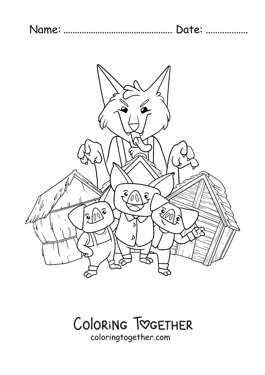 Coloring page of the big bad wolf ready to knock down the three little pigs' houses