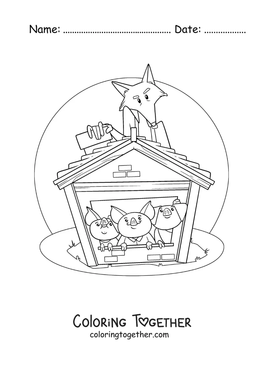 Coloring page of the three little pigs hiding from the wolf in the brick house