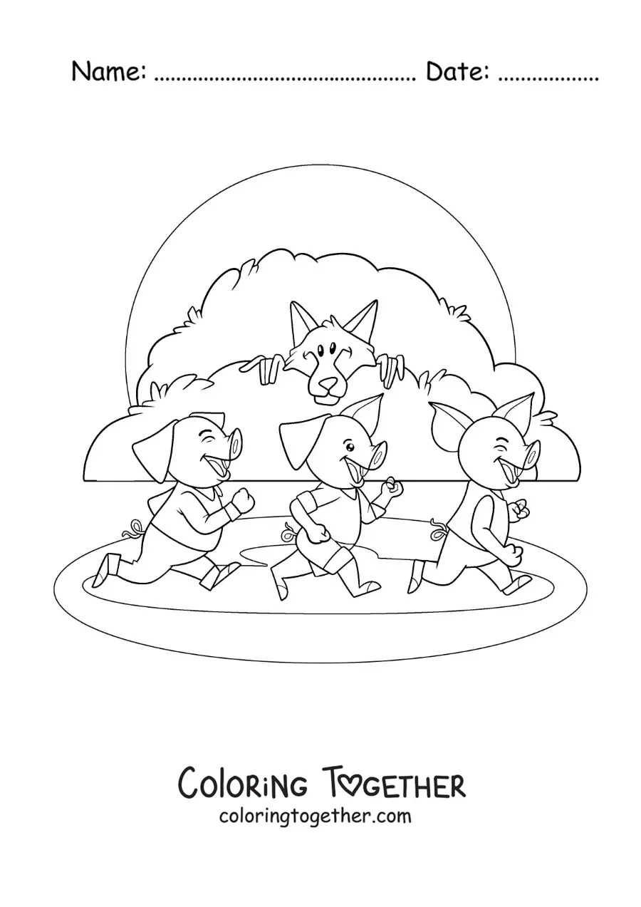 Coloring page of the big bad wolf chasing the three little pigs from the tale