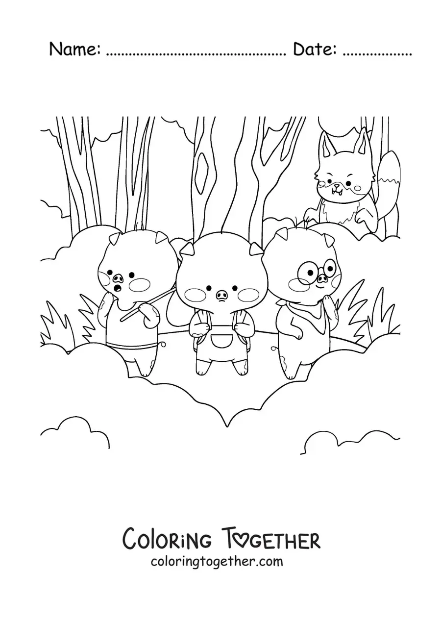 Coloring page of the big bad wolf stalking the three little pigs in the forest