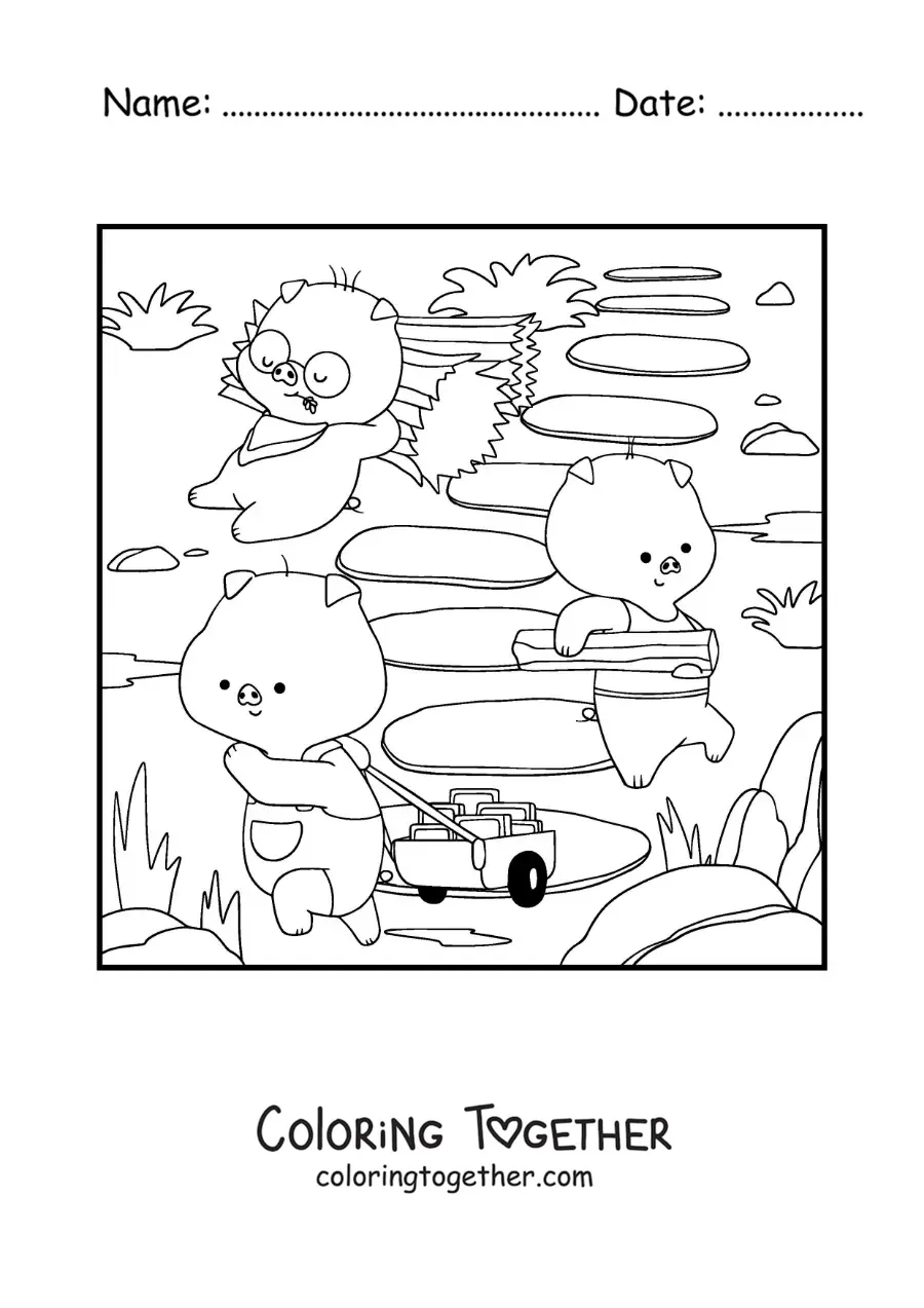 Coloring page of the animated kawaii three little pigs building their houses