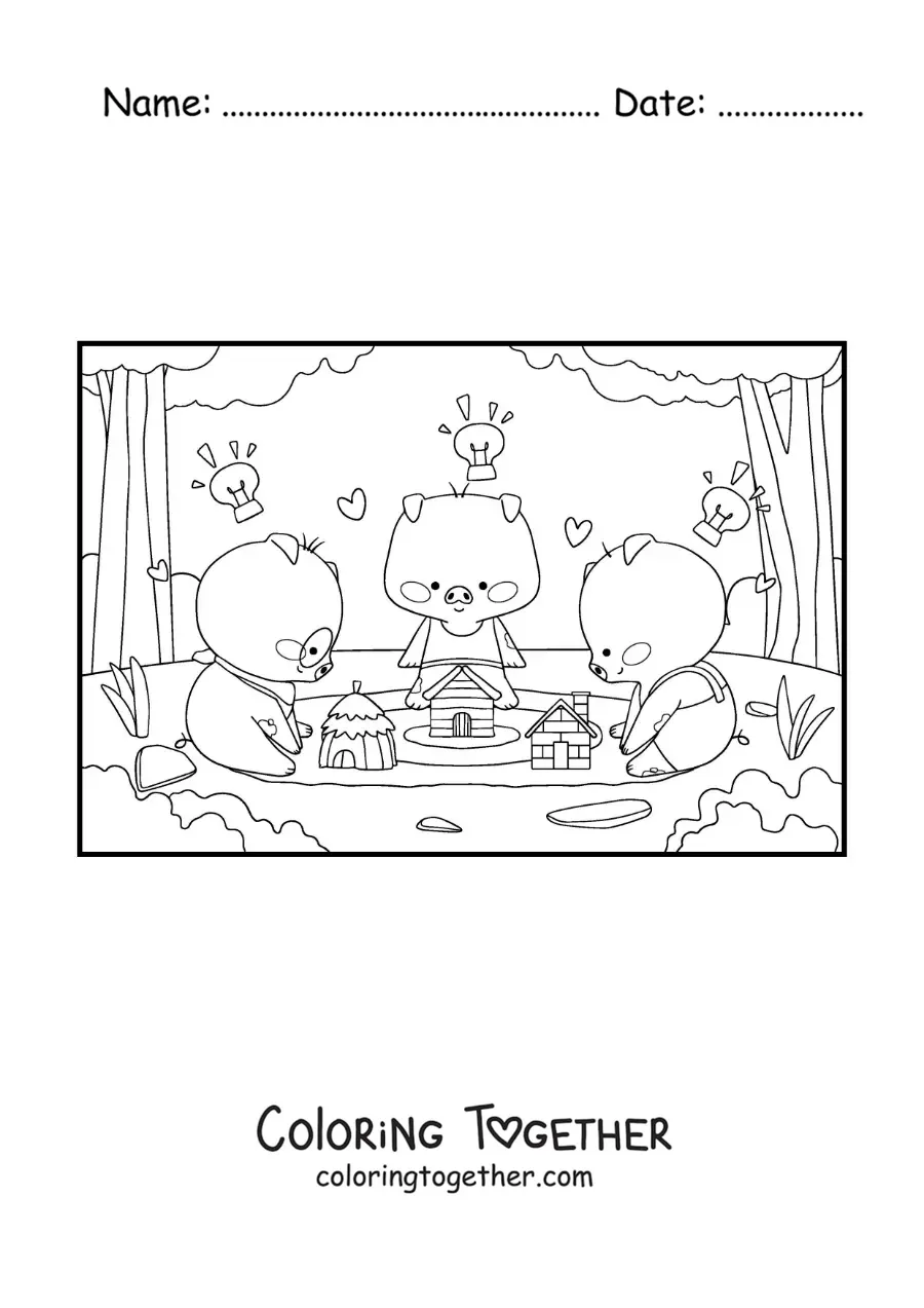 Coloring page of the 3 kawaii little pigs building their houses in the forest