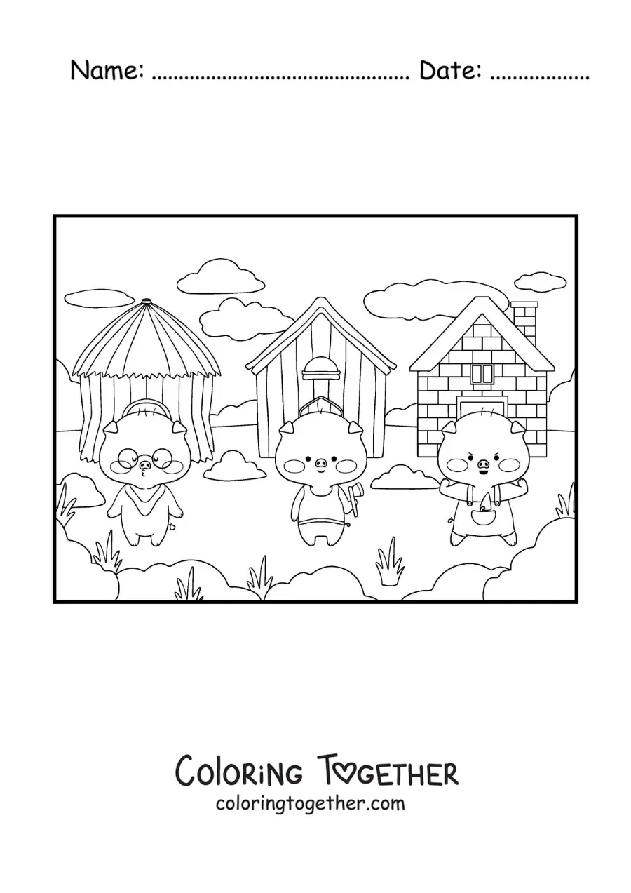 Coloring page of the three animated little pigs and their houses