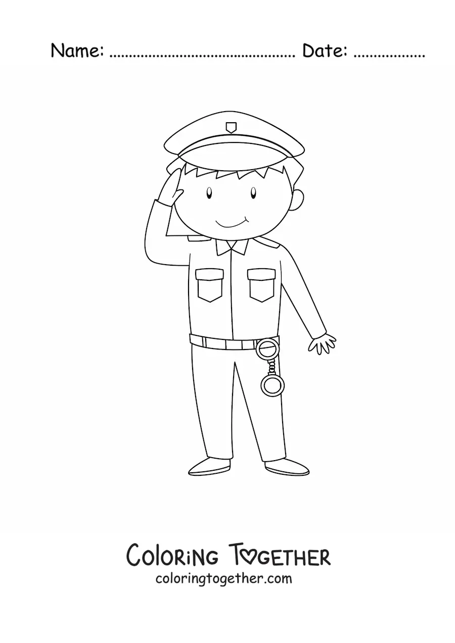 Coloring page of a cartoon police officer in uniform