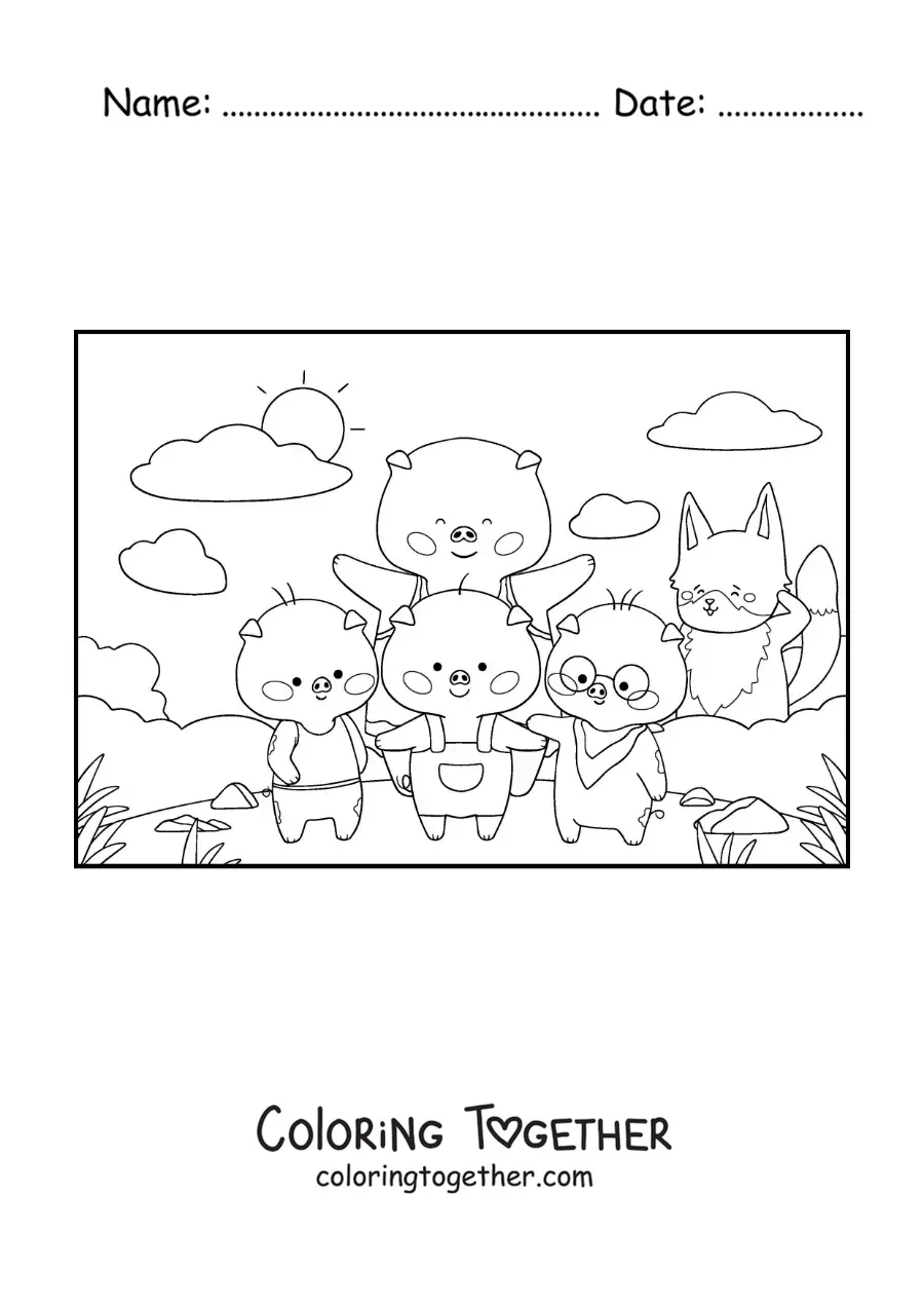 Coloring page of the family of the three little pigs and the wolf