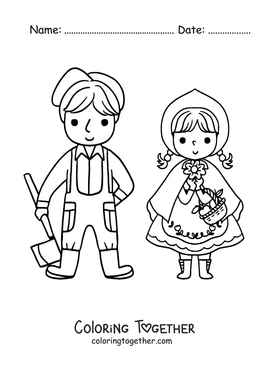 Coloring page of Little Red Riding Hood and the woodcutter