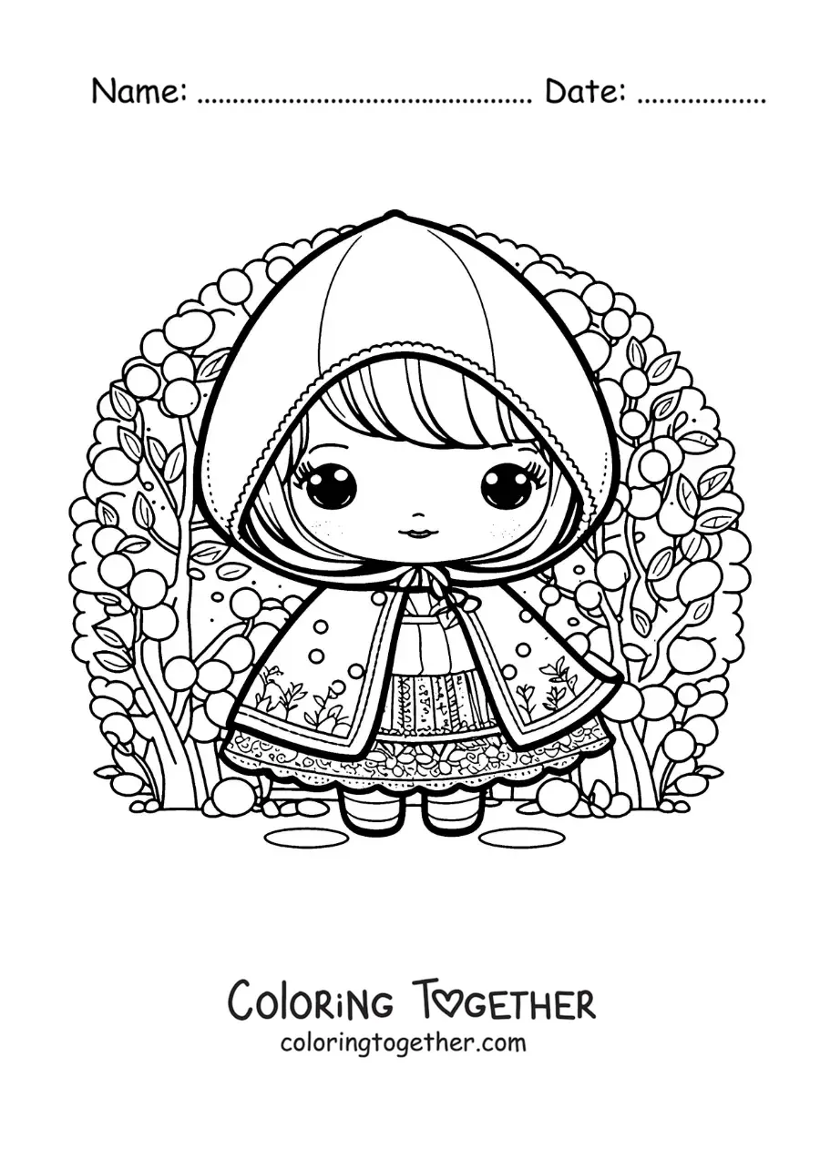 Coloring page of kawaii Little Red Riding Hood in the forest