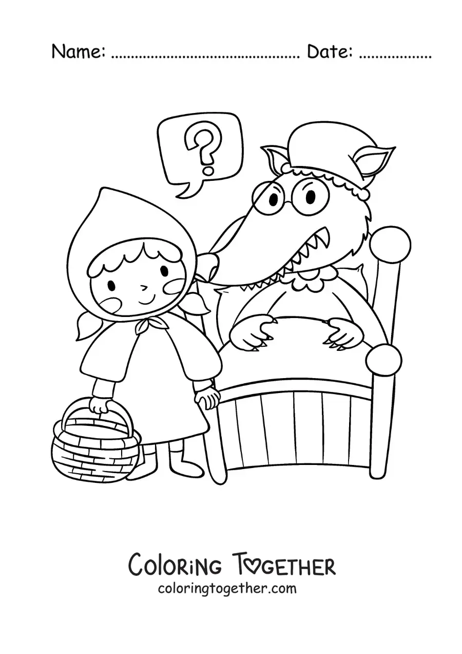 Coloring page of animated Little Red Riding Hood with the wolf disguised as grandma