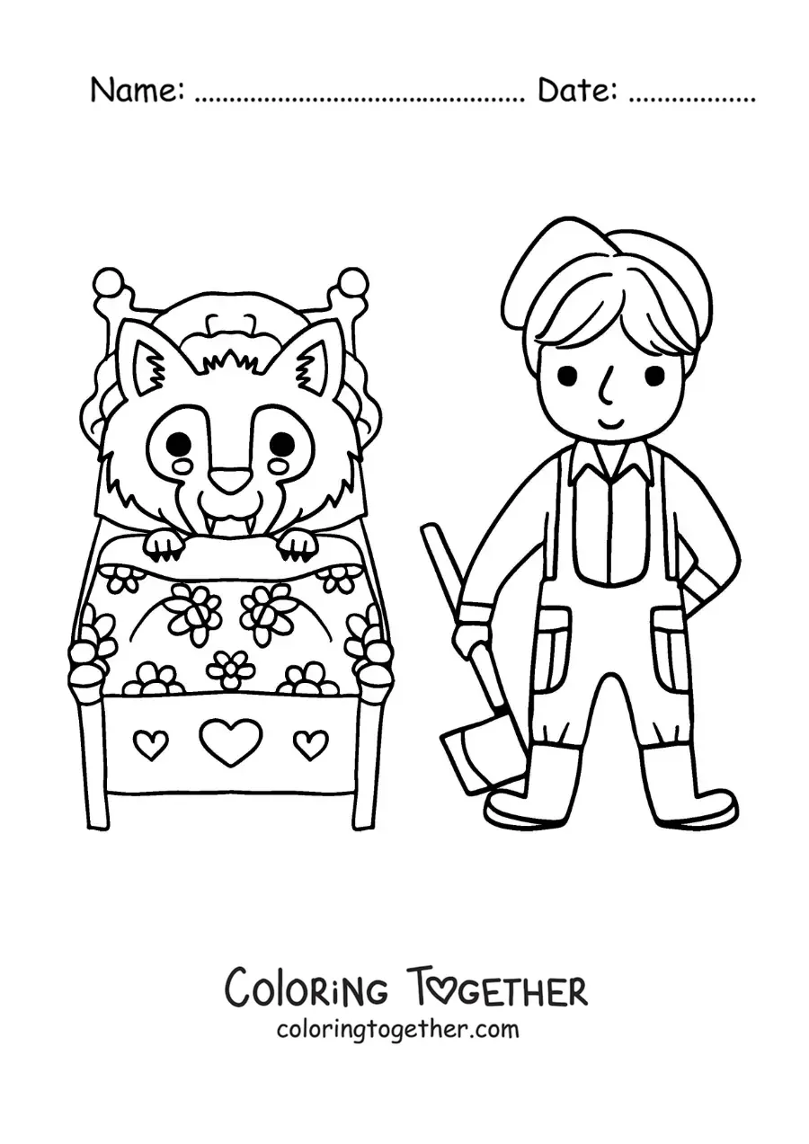 Coloring page of the big bad wolf in disguise and the woodcutter