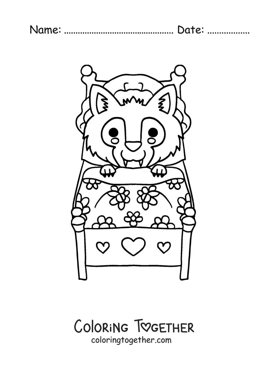 Coloring page of the big bad wolf disguised as the grandmother