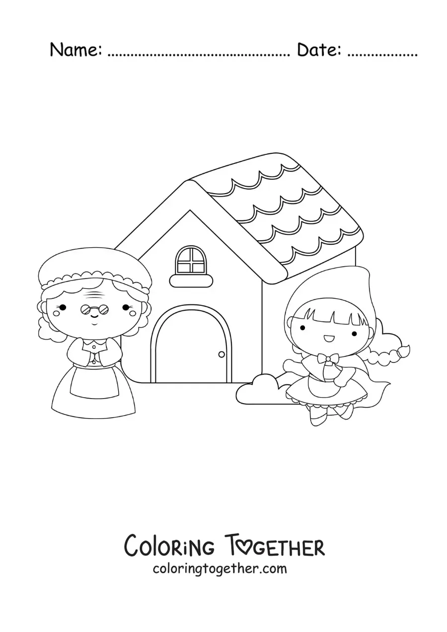 Coloring page of cartoon Little Red Riding Hood at grandmother's house