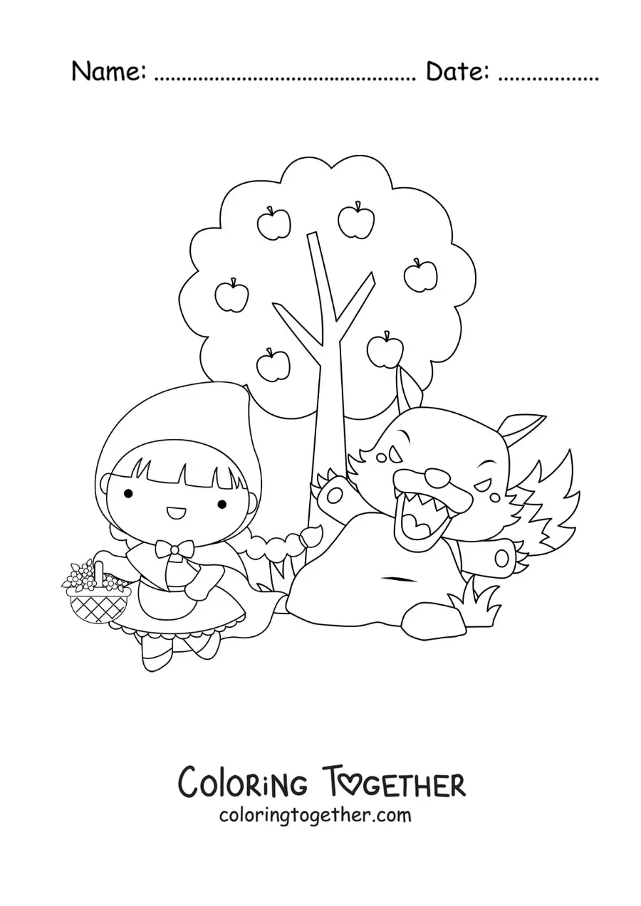Coloring page of Little Red Riding Hood and the big bad wolf in the forest