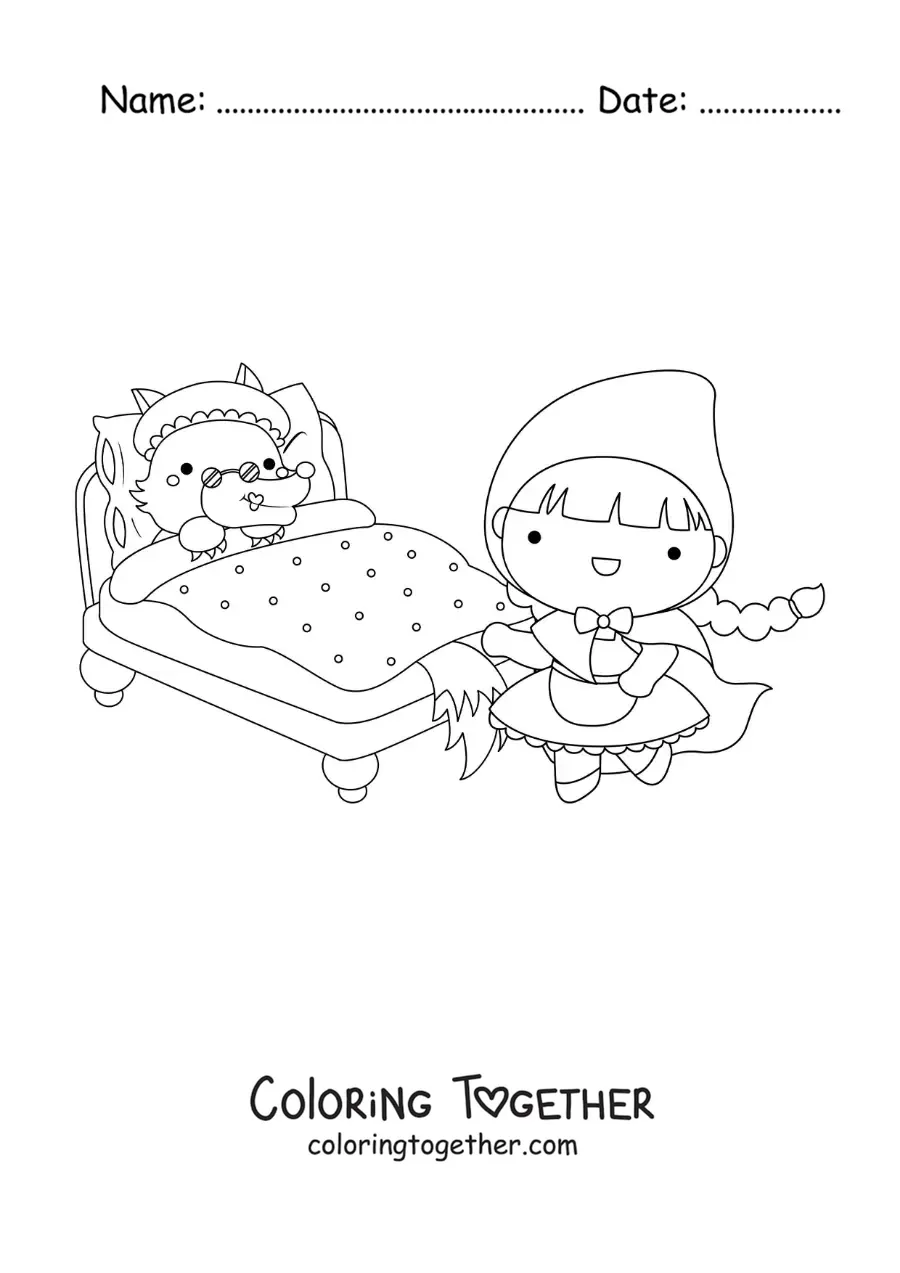 Coloring page of Little Red Riding Hood and the big bad wolf disguised as grandma