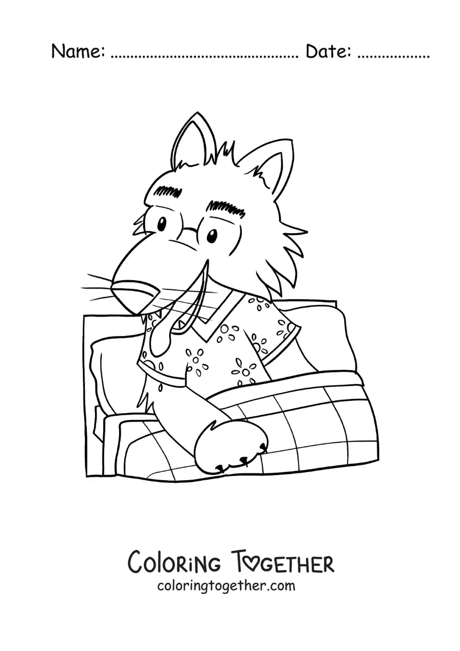 Coloring page of cartoon big bad wolf disguised as grandma