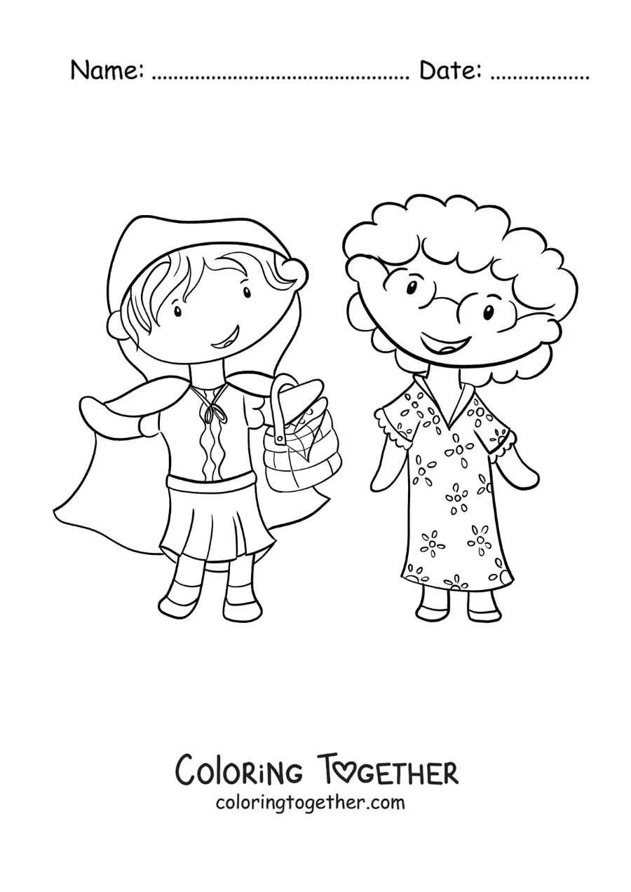 Coloring page of Little Red Riding Hood bringing flowers to her grandma