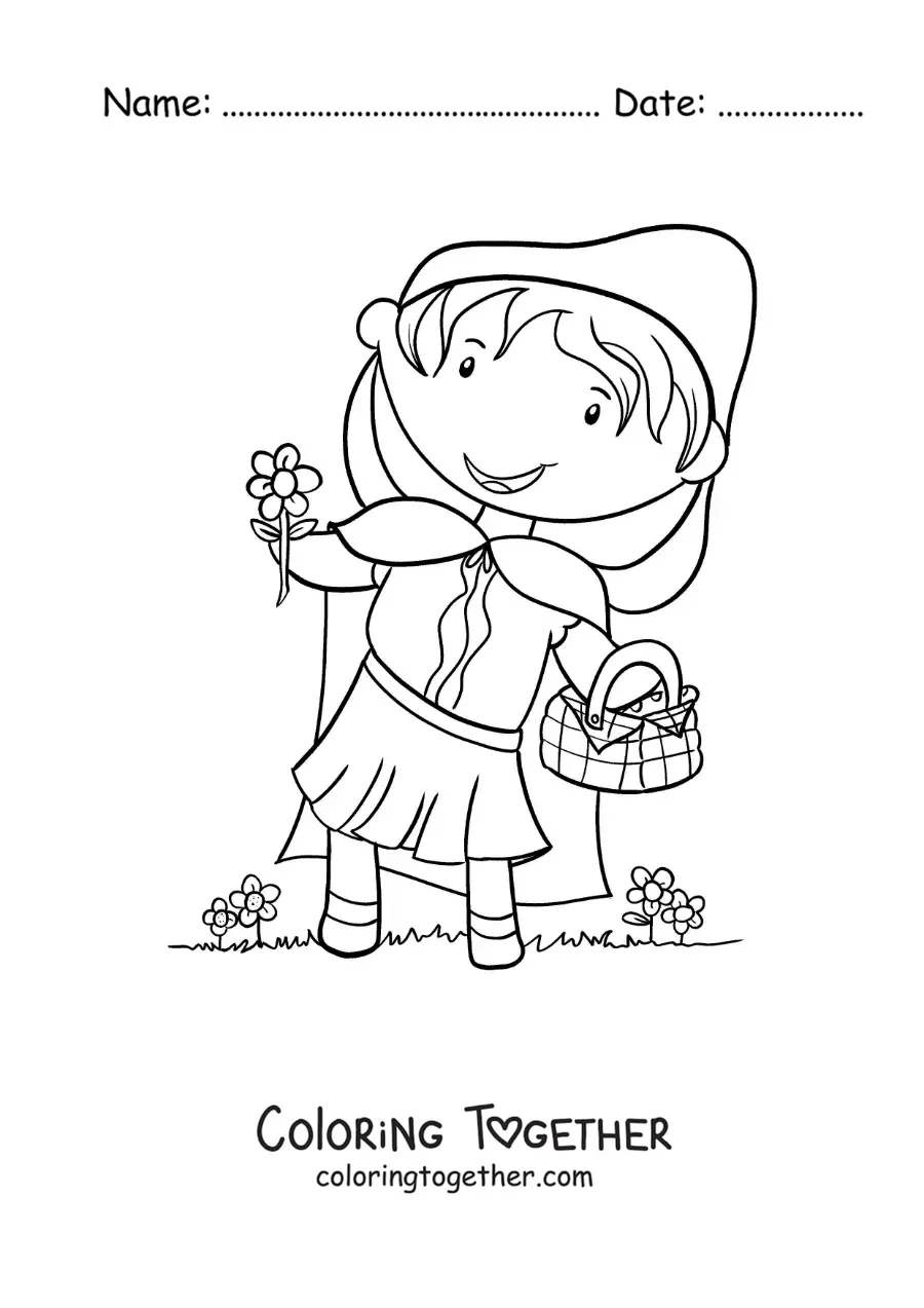 Coloring page of Little Red Riding Hood picking flowers in a basket
