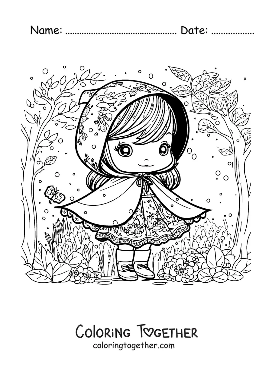 Coloring page of cartoon kawaii Little Red Riding Hood in the forest