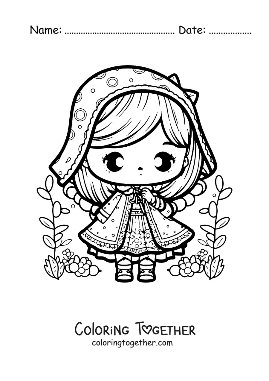 Coloring page of easy kawaii Little Red Riding Hood