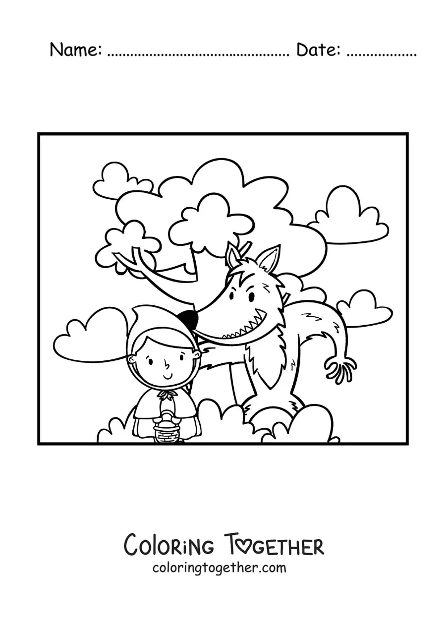 Coloring page of animated Little Red Riding Hood and the wolf in the forest