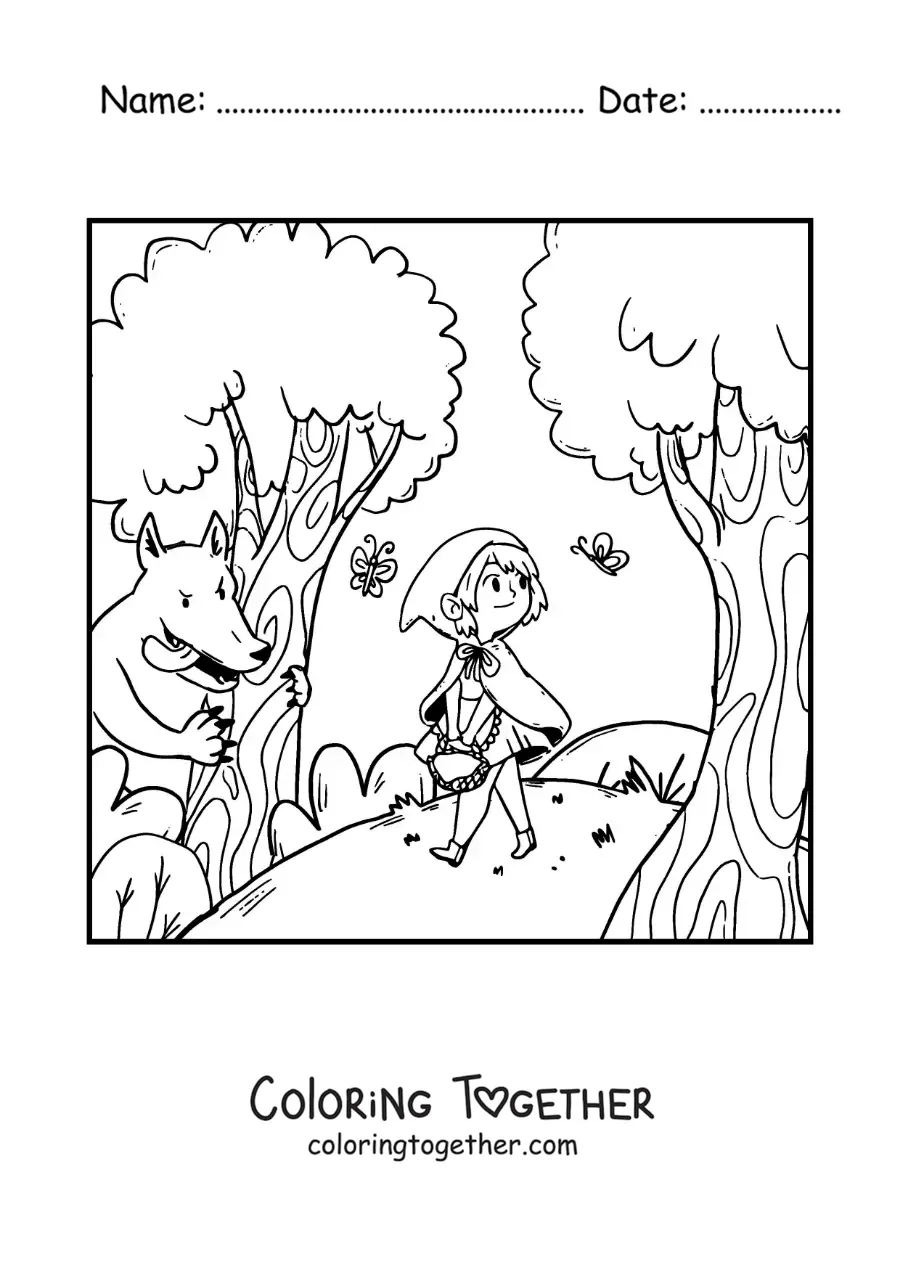 Coloring page of the big bad wolf chasing Little Red Riding Hood in the forest
