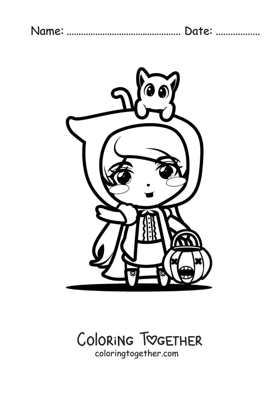 Coloring page of a kawaii Little Red Riding Hood Halloween costume