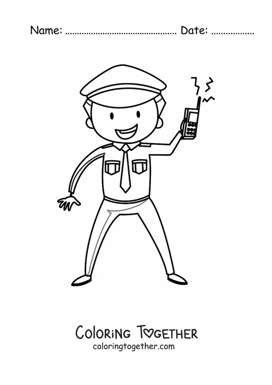 Coloring page of a cartoon police officer holding a radio