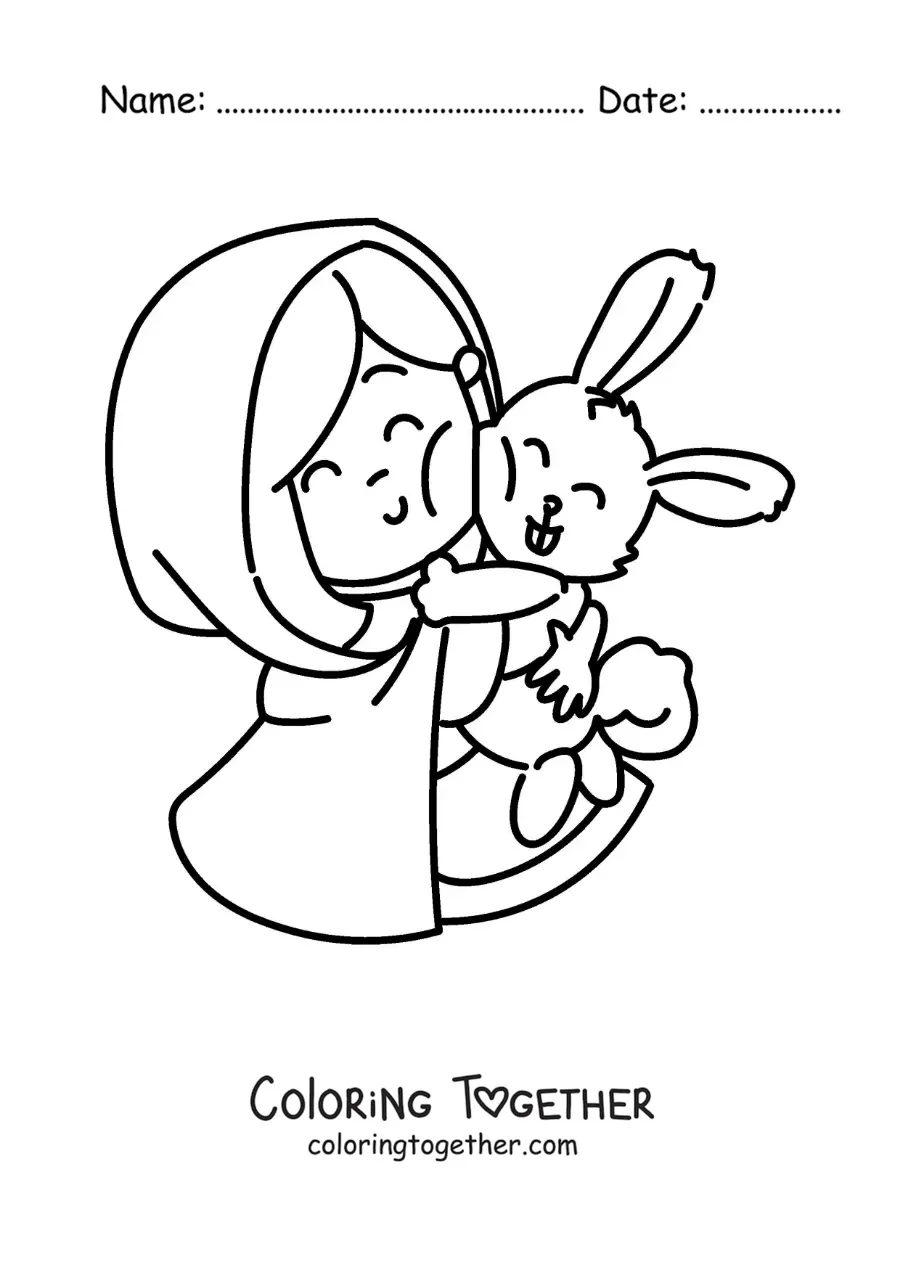Coloring page of cartoon Little Red Riding Hood with a rabbit