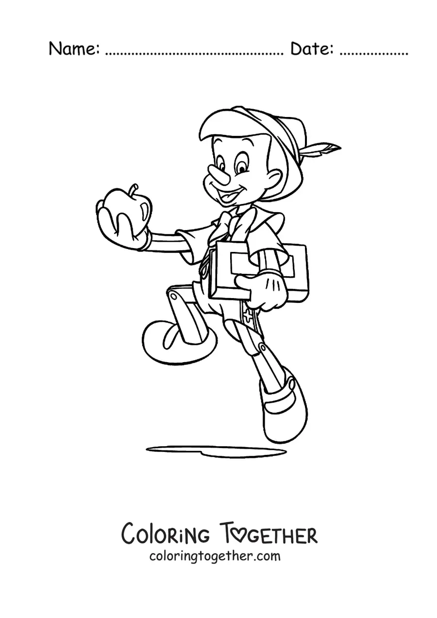 Coloring page of Pinocchio with a book and an apple