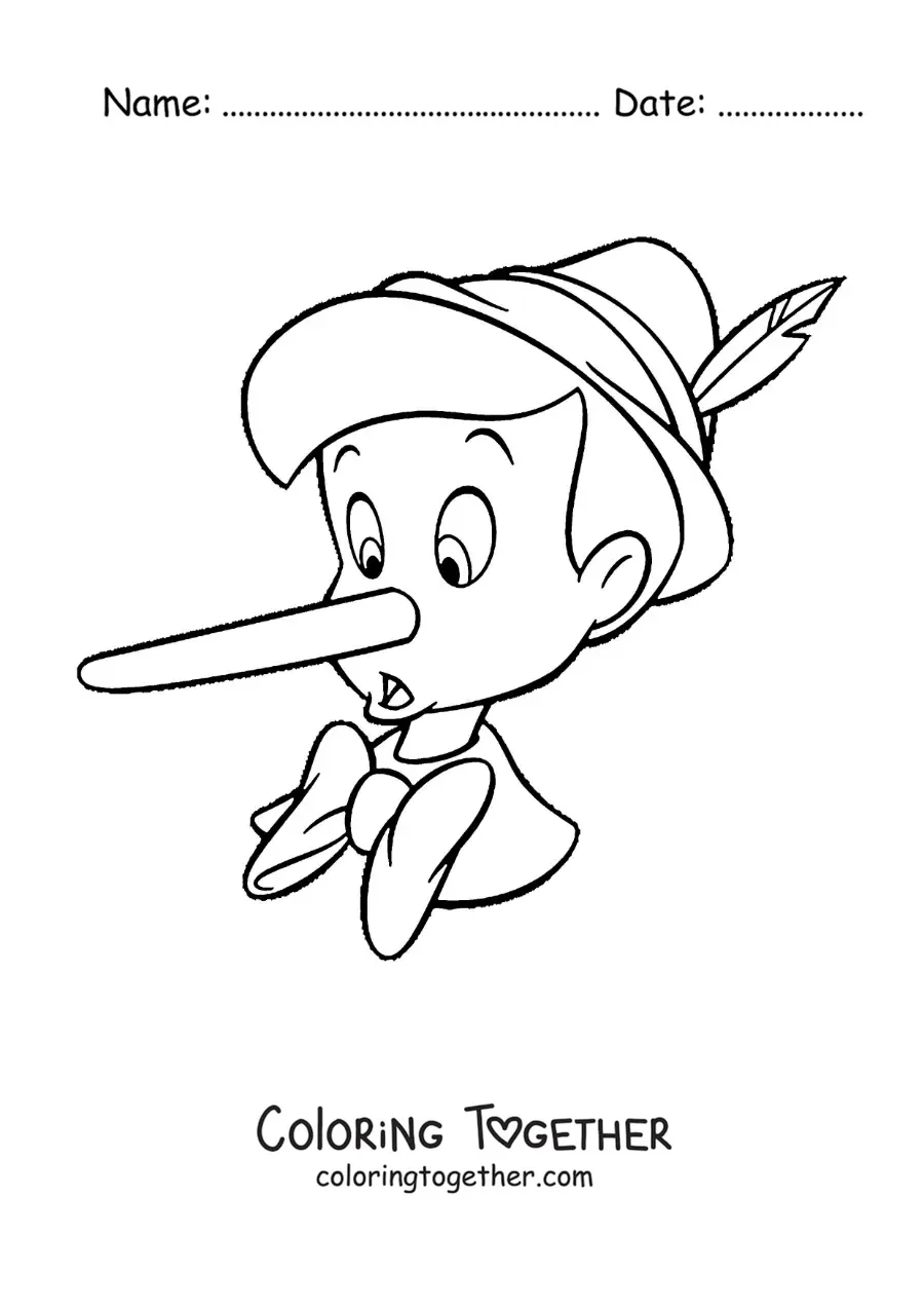 Coloring page of Pinocchio's face with a long nose