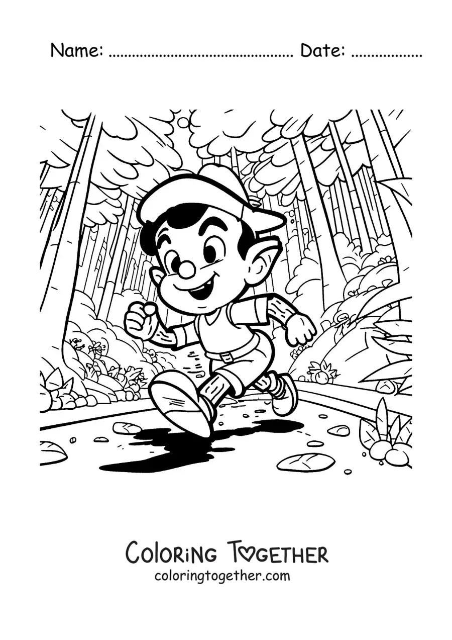 Coloring page of Pinocchio in the forest